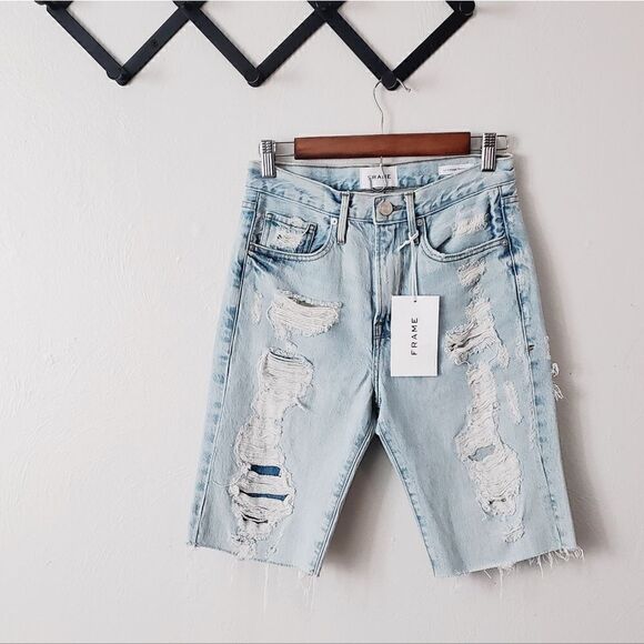 Frame Le Vintage Bermuda Distressed Denim Shorts In Drenched Size 24 NWT - Picture 9 of 16